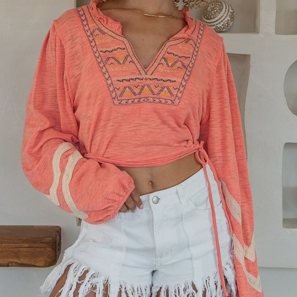 NWT POL Coral Embroidered Crop Poets Blouse